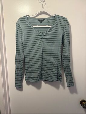 Toad&Co Striped Long Sleeve V-Neck Top in Seafoam and Black